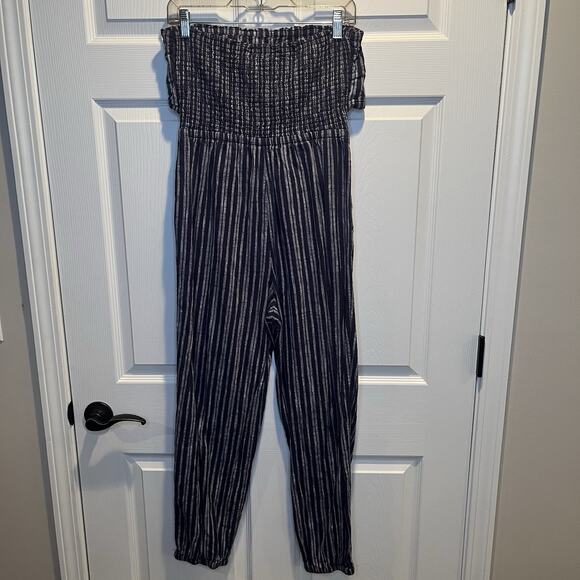 Aerie Jumpsuit Medium Blue/White Strapless Jogger Style 100% Cotton Pockets - Picture 3 of 7